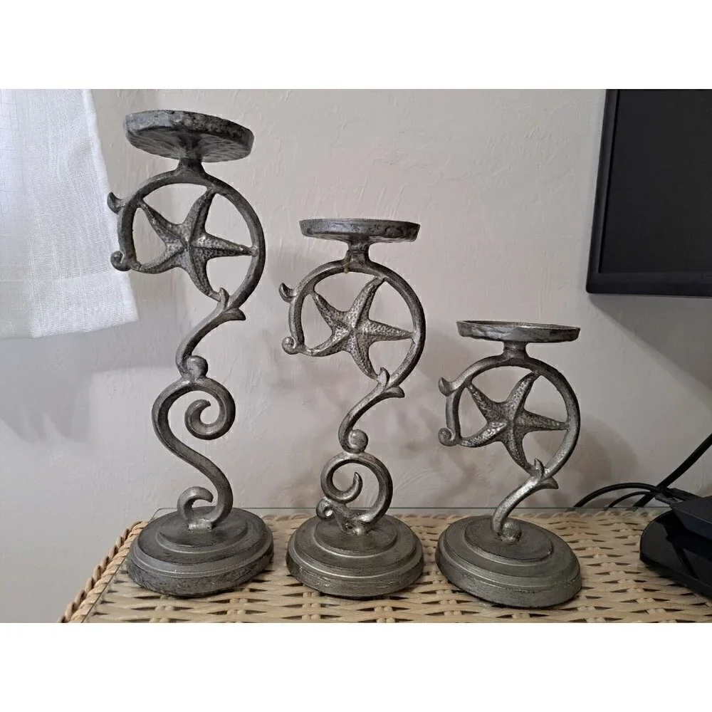 Set of 3 Sanibel Home Metal Graduated Height Pillar Candle Holders Starfish